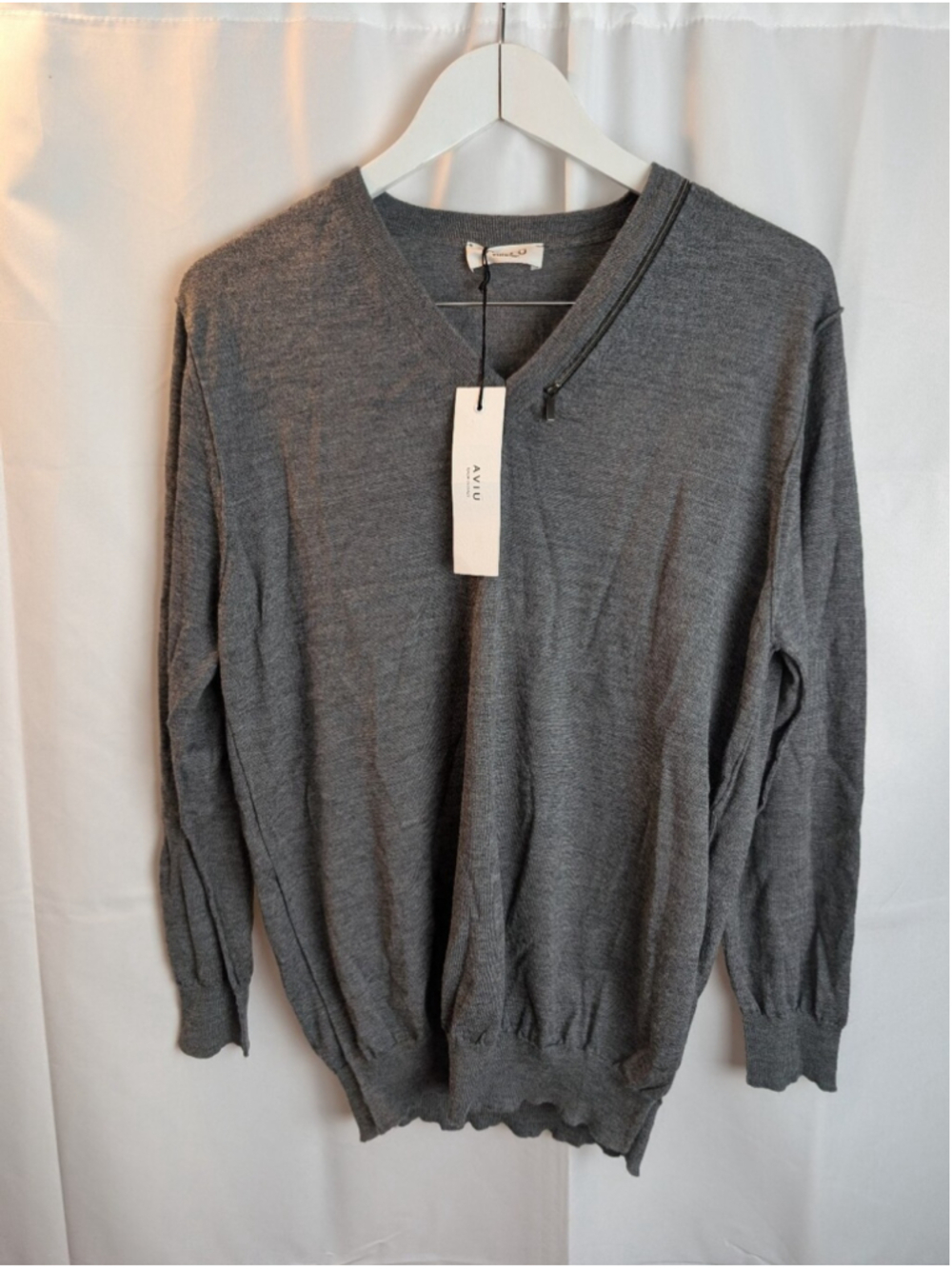 Aviù Italy Gray Wool Silk V-Neck Sweater Asymmetric Shoulder Zipper size 6(42)
